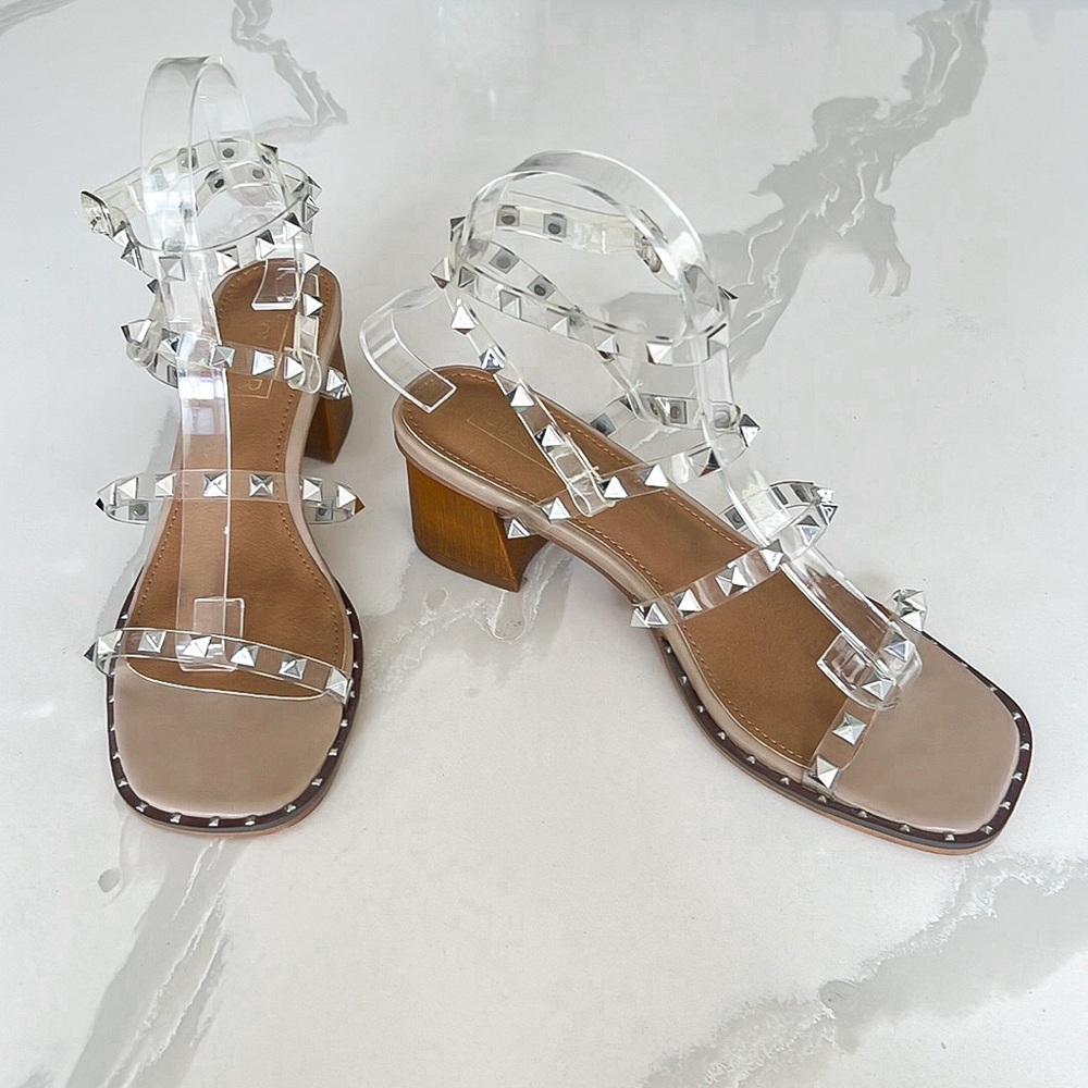 CloudAir Silver Studded Clear Strappy Block Heel Comfort Sandal Womens Sz 7.5
